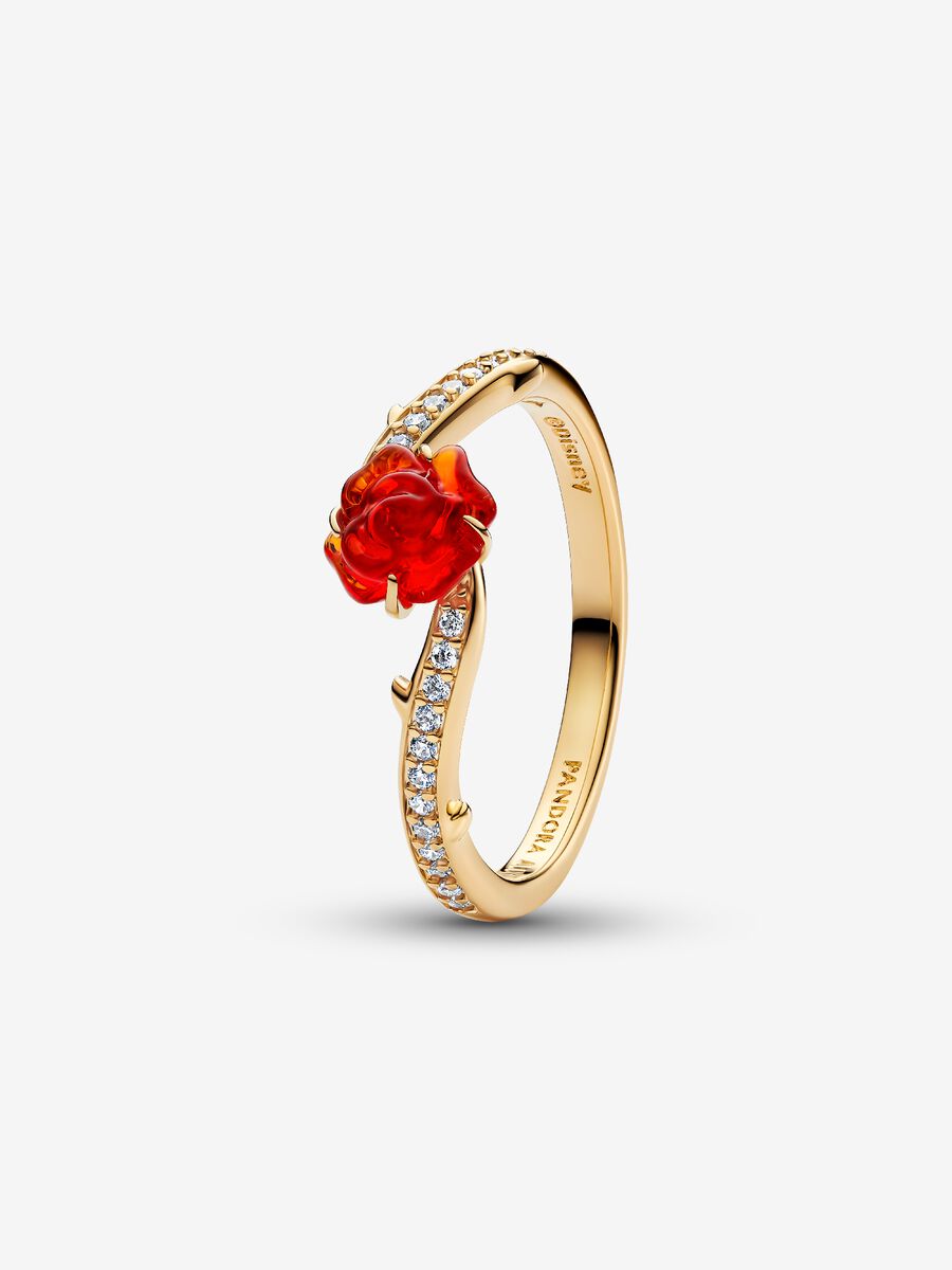 Anello Pandora Disney, La Bella e La Bestia, Anello Rosa Incantata Vetro di Murano Placcatura in Oro 14k