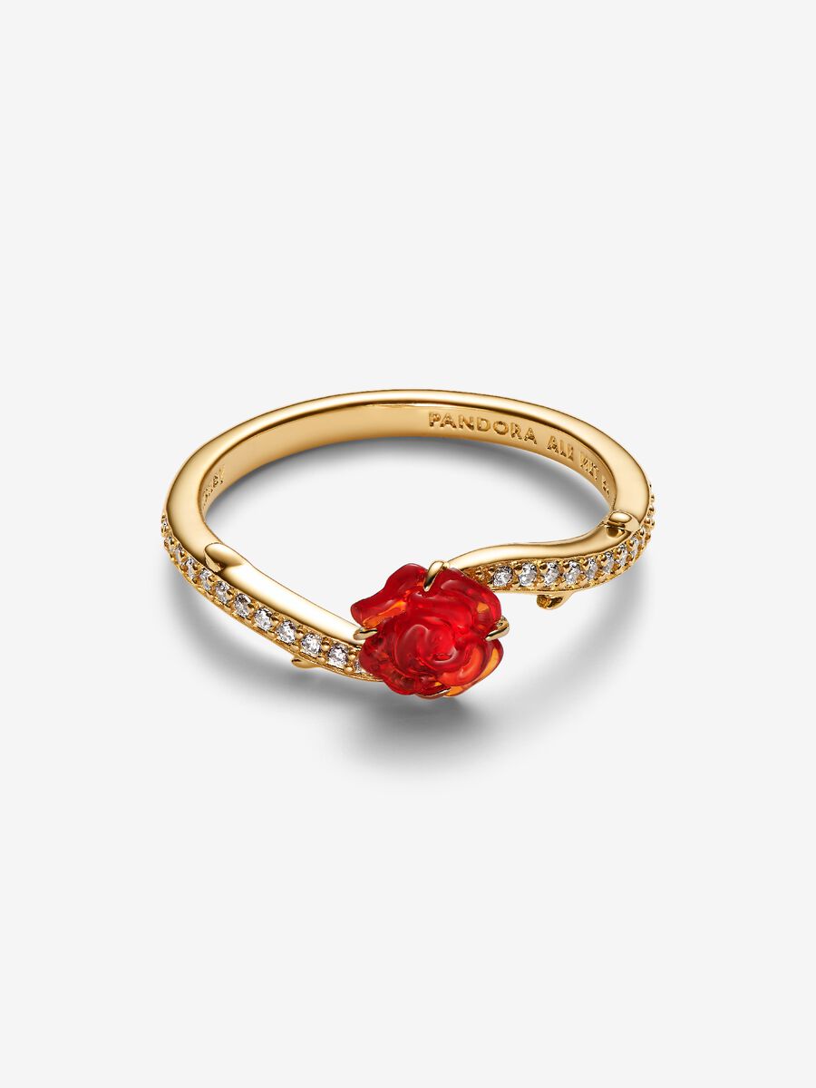 Anello Pandora Disney, La Bella e La Bestia, Anello Rosa Incantata Vetro di Murano Placcatura in Oro 14k