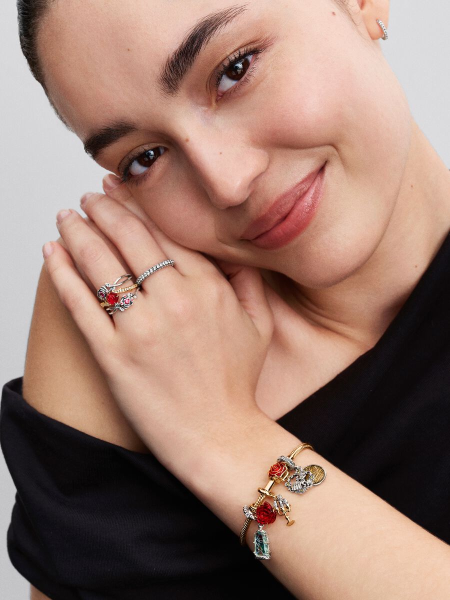 Anello Pandora Disney, La Bella e La Bestia, Anello Rosa Incantata Vetro di Murano Placcatura in Oro 14k