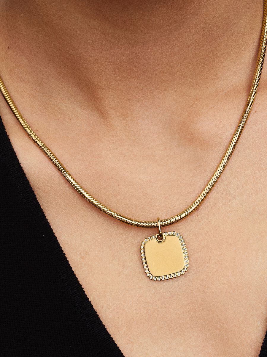 Charm Pandora Pendente Medaglia Quadrata Luminosa da incidere Placcatura in Oro 14k