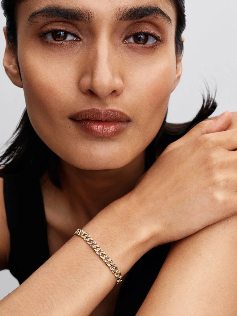 Bracciale Pandora Catena Maglia Cubana Bicolore con Pavè Argento Sterling 925, Placcatura in Oro 14k