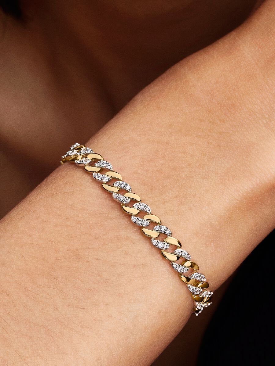 Bracciale Pandora Catena Maglia Cubana Bicolore con Pavè Argento Sterling 925, Placcatura in Oro 14k
