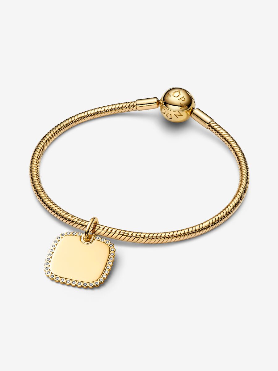 Charm Pandora Pendente Medaglia Quadrata Luminosa da incidere Placcatura in Oro 14k