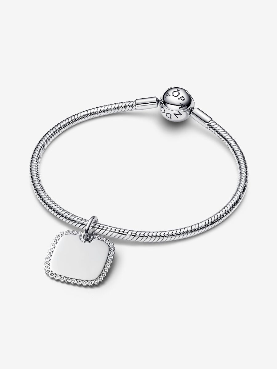 Charm Pandora Pendente Medaglia Quadrata Luminosa da incidere Argento Sterling 925