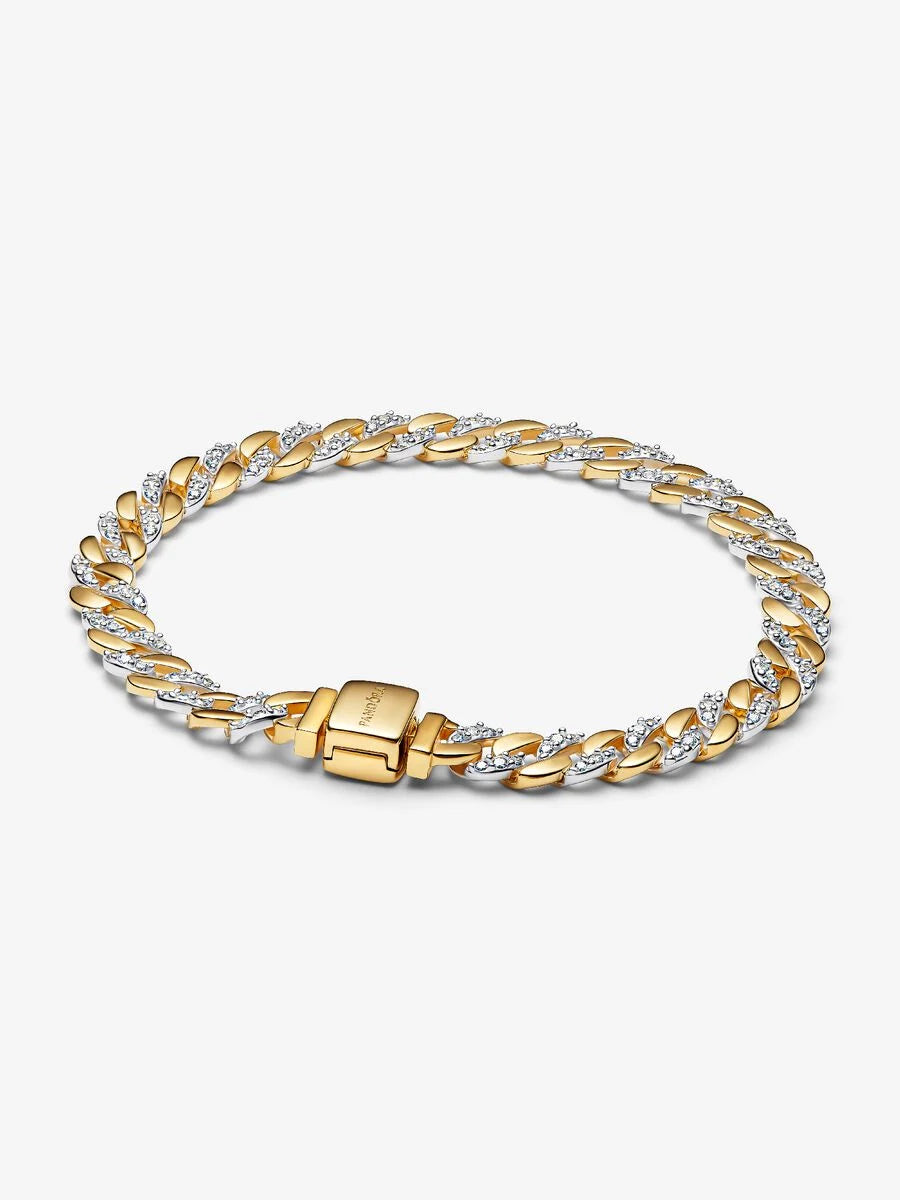 Bracciale Pandora Catena Maglia Cubana Bicolore con Pavè Argento Sterling 925, Placcatura in Oro 14k