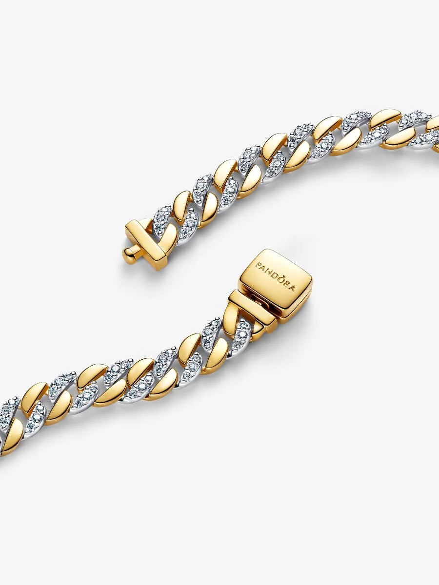 Bracciale Pandora Catena Maglia Cubana Bicolore con Pavè Argento Sterling 925, Placcatura in Oro 14k