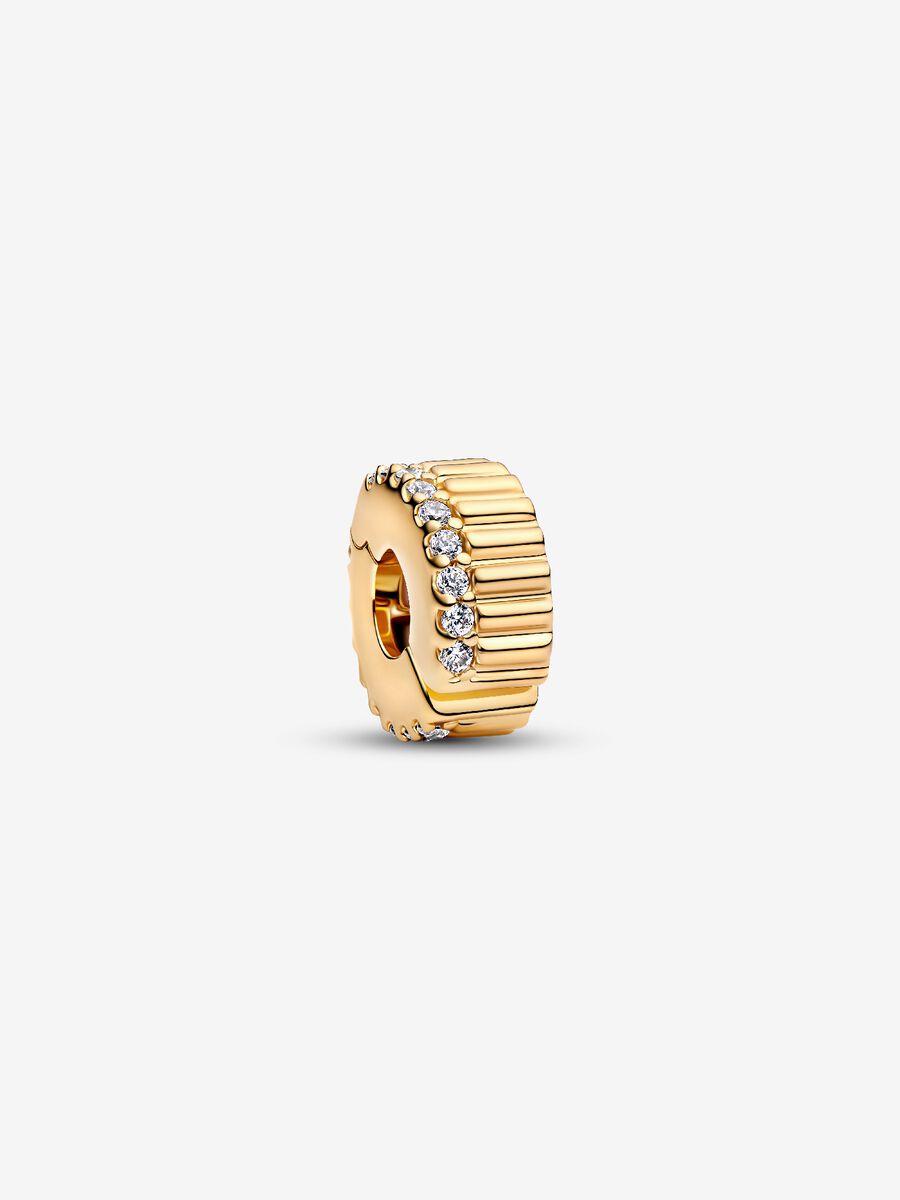 Charm Pandora Clip Rigata con Pietre Placcatura in Oro 14k