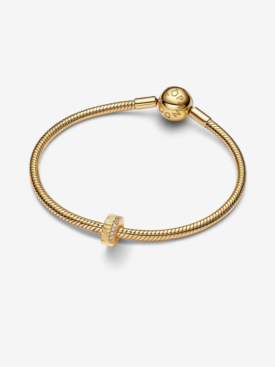 Charm Pandora Clip Rigata con Pietre Placcatura in Oro 14k