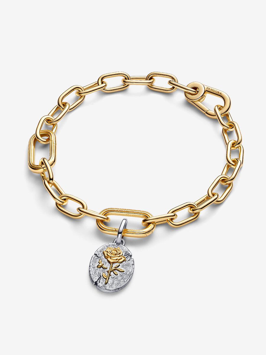 Charm Pandora Medallion Rosa "Rosa Inter Spinas Crescit" Argento Sterling 925, Placcatura in Oro 14k