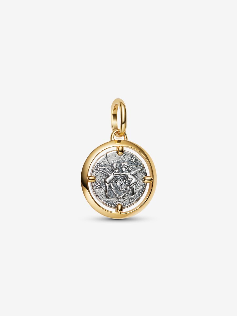 Charm Pandora Medallion Cupido "Amor Fati" Argento Sterling 925, Placcatura in Oro 14k
