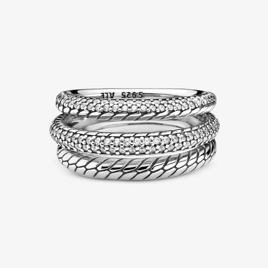 Anello Pandora a Tripla Fascia con Maglia Snake e Pavé 199083C01