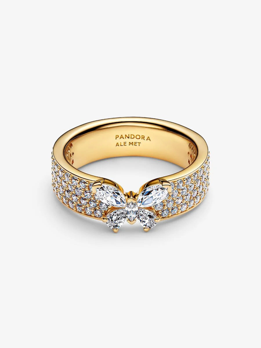 Anello Pandora Fascia Pavè con Farfalla Luminosa Placcatura in Oro 14k