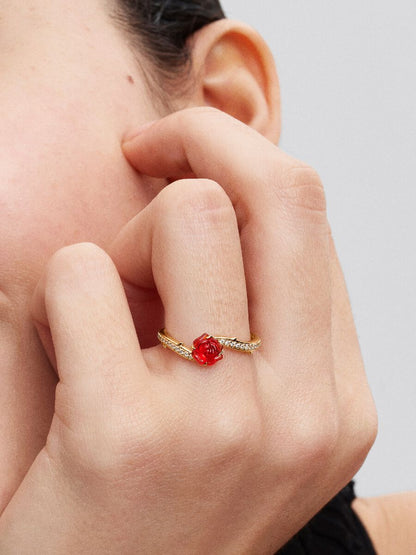 Anello Pandora Disney, La Bella e La Bestia, Anello Rosa Incantata Vetro di Murano Placcatura in Oro 14k