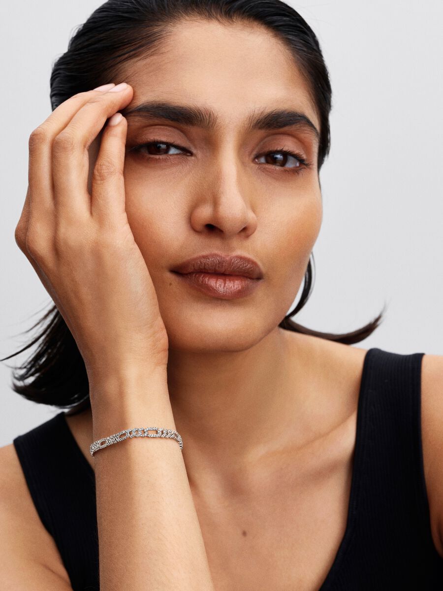 Bracciale Pandora Catena Maglia Cubana Pavè con Ovali Argento Sterling 925