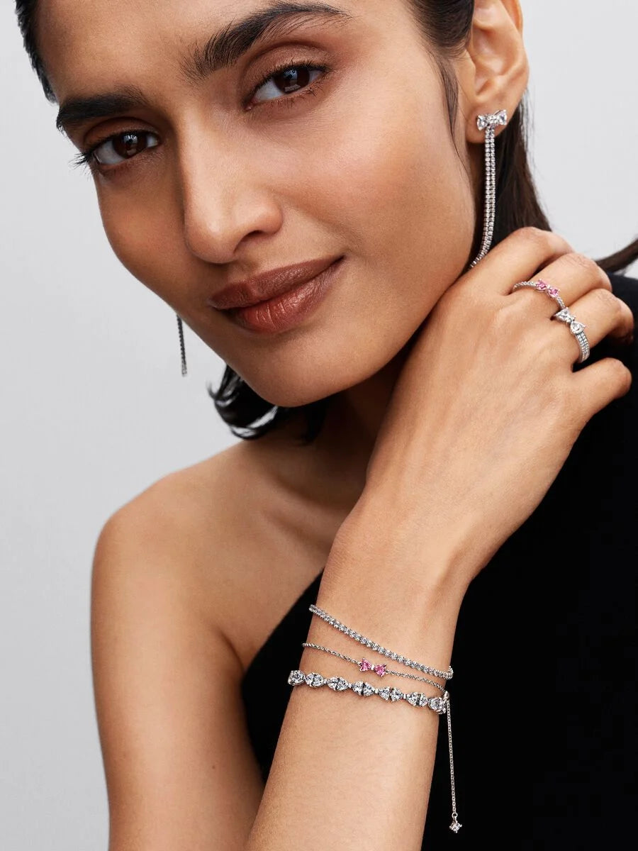 Bracciale Charm In Argento 925 Con Zirconi - Gioiello Liscio E Pave, Regalo Fai Da Te Per Donne, Diametro Regolabile 17-20 Cm, Elegante E Casual