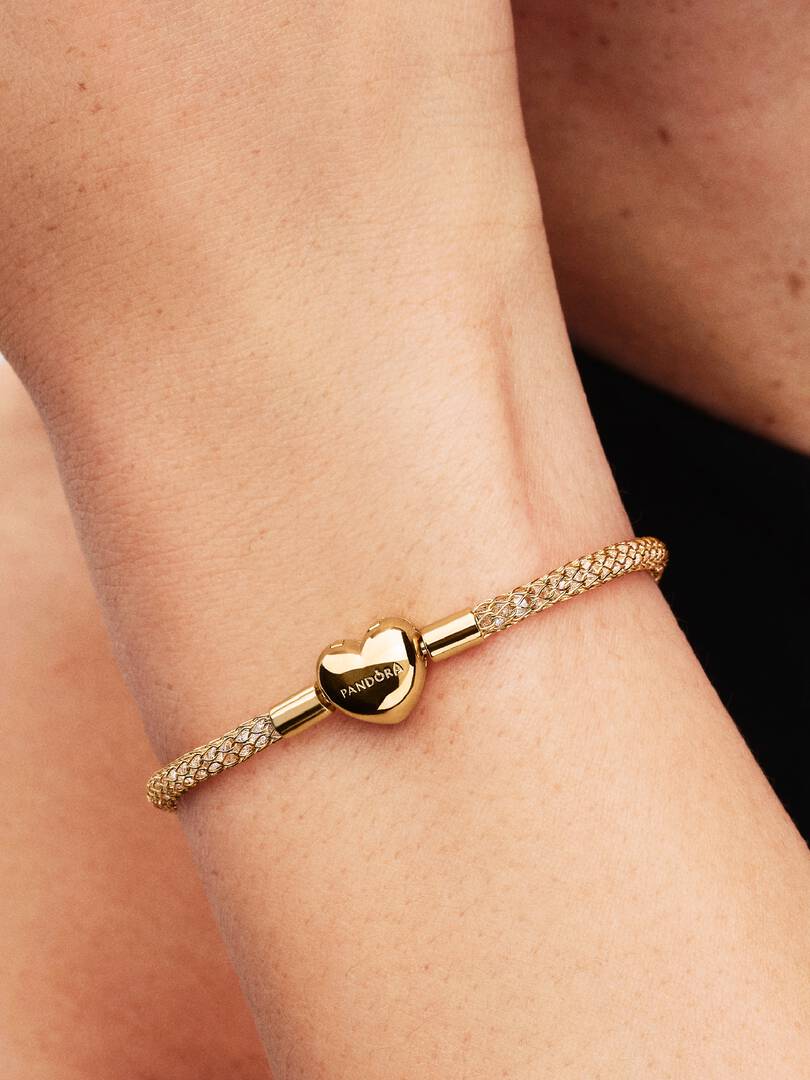 Bracciale Pandora Maglia Mesh con pietre luminose e Chiusura a Cuore Placcatura in Oro 14k 564971C01