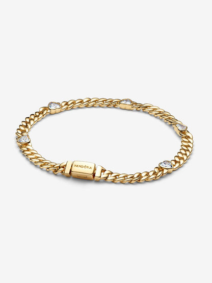 Bracciale Pandora Maglia Cubana con Cuori Placcatura in Oro 14k