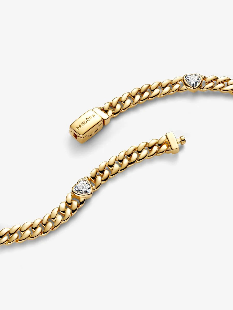 Bracciale Pandora Maglia Cubana con Cuori Placcatura in Oro 14k