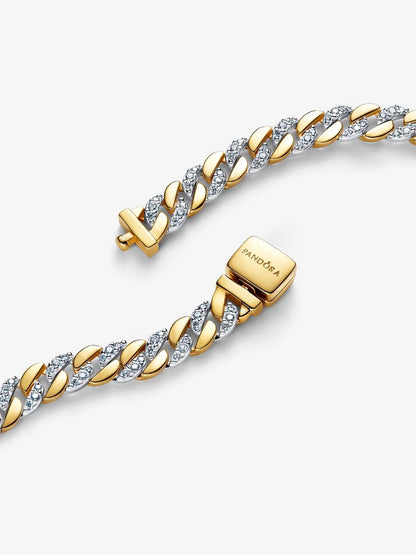 Bracciale Pandora Catena Maglia Cubana Bicolore con Pavè Argento Sterling 925, Placcatura in Oro 14k