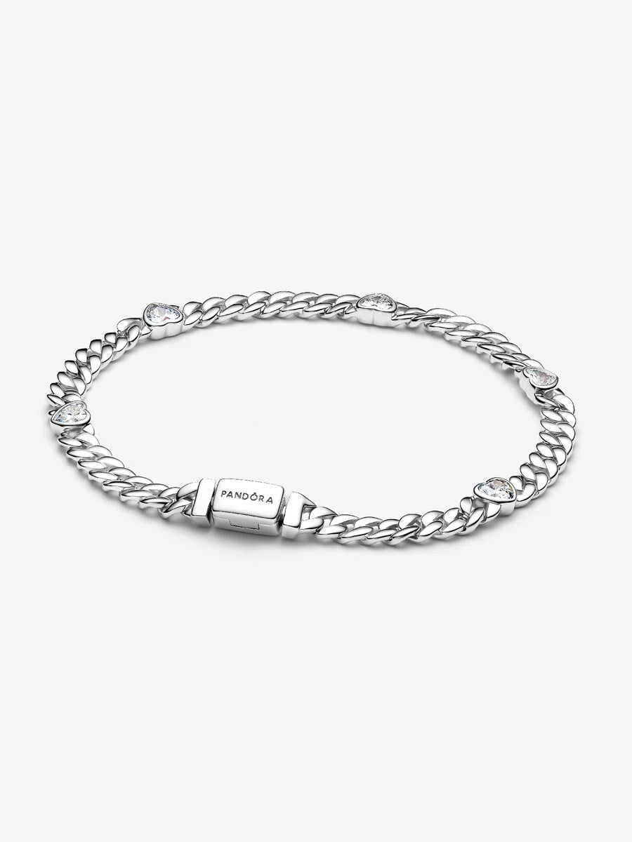 Bracciale Pandora Catena Maglia Cubana con Cuori Argento Sterling 925