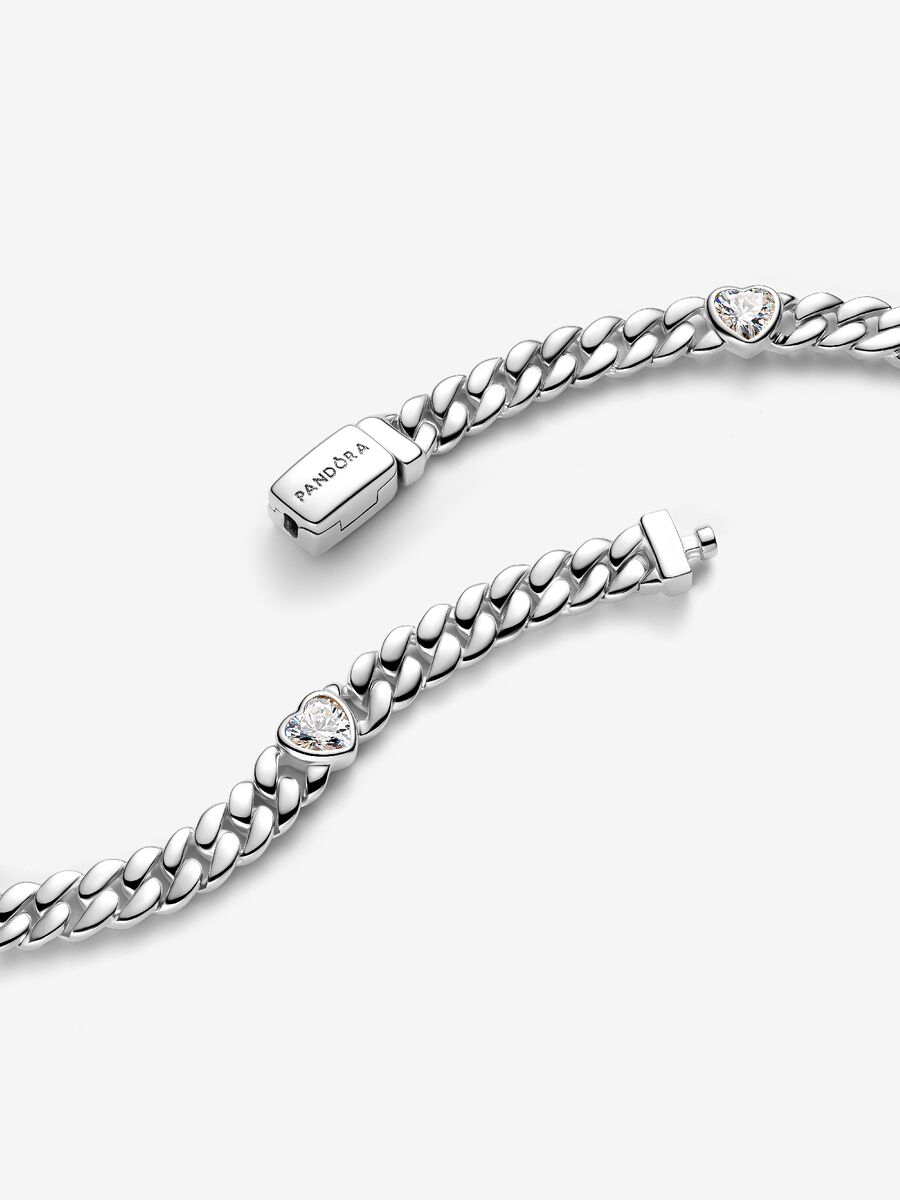 Bracciale Pandora Catena Maglia Cubana con Cuori Argento Sterling 925